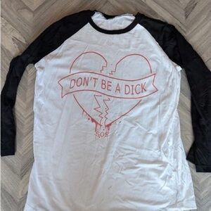 Boohoo White Raglan Long Sleeve Tee with Black Sleeves and Red Graphic